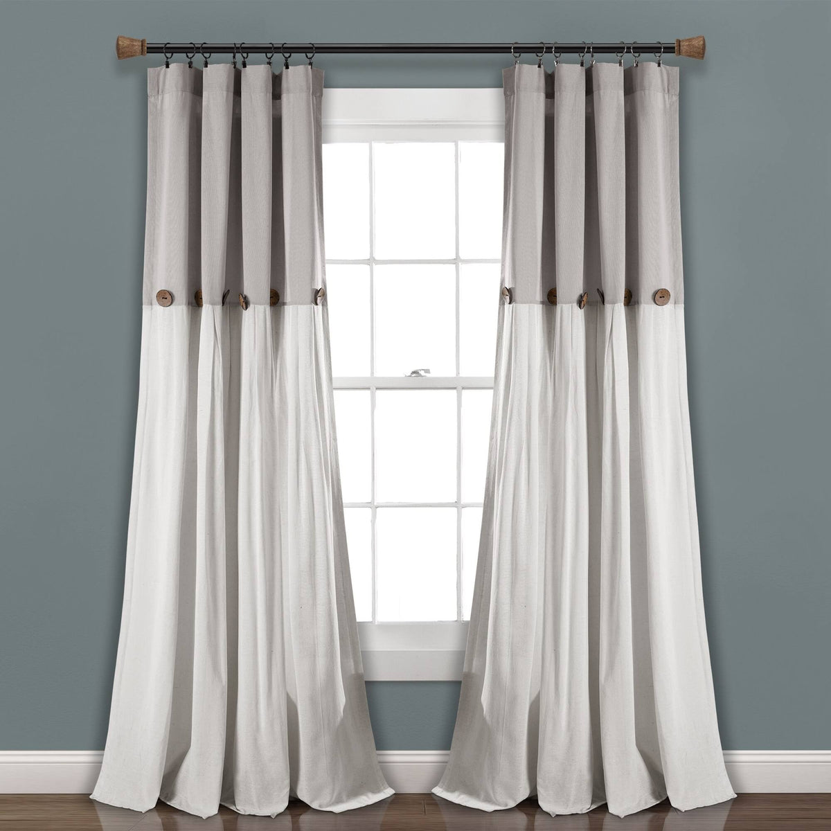 Lush Decor Linen Button Window Curtain Panel 84", Single, Gray/White