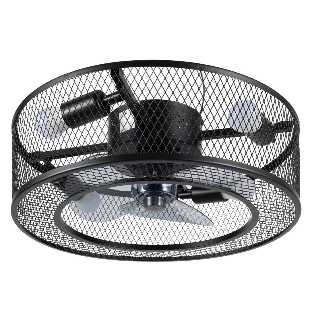 Hallas 18" Caged Ceiling Fan w/Light Black Iron Metal Round Lamp Chandelier 3 Speeds Williston Forge