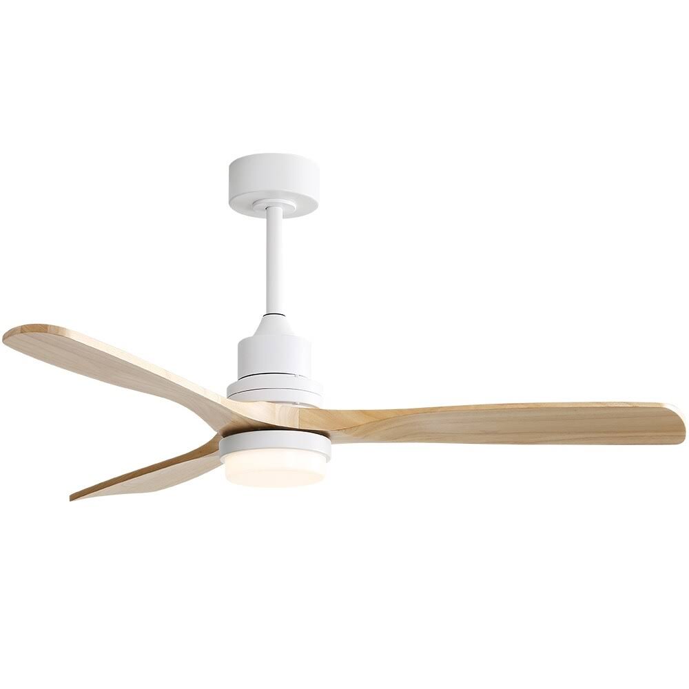 52 inch Indoor and Outdoor Downrod Solid Wood Ceiling Fan with Remote, Integrated Light Optional with Integrated Light White with Burlywood Blades